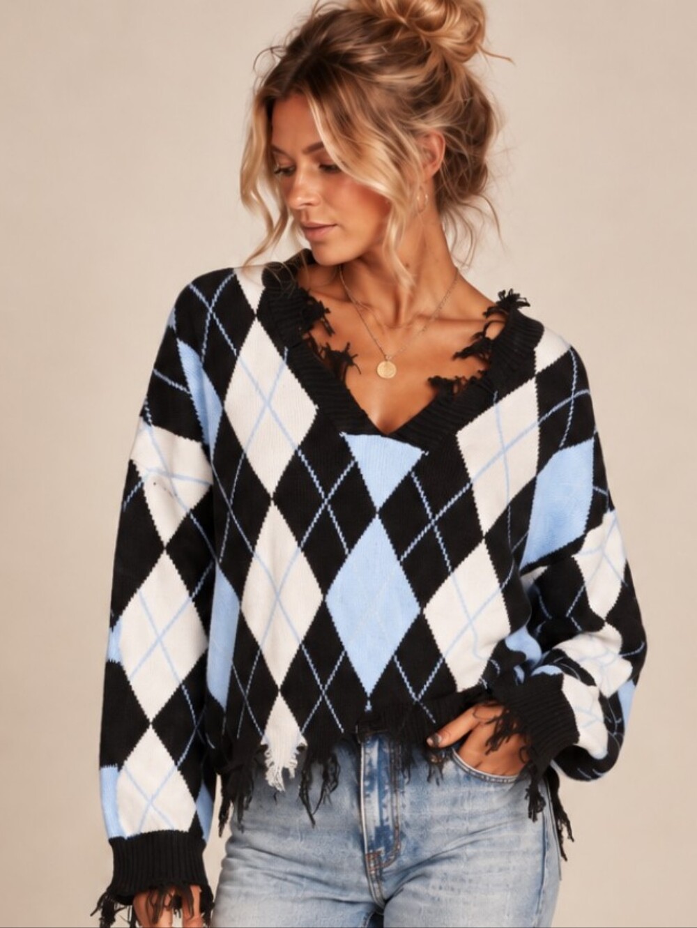 Just Polly Distressed Argyle Oversized Sweater Medium NWT